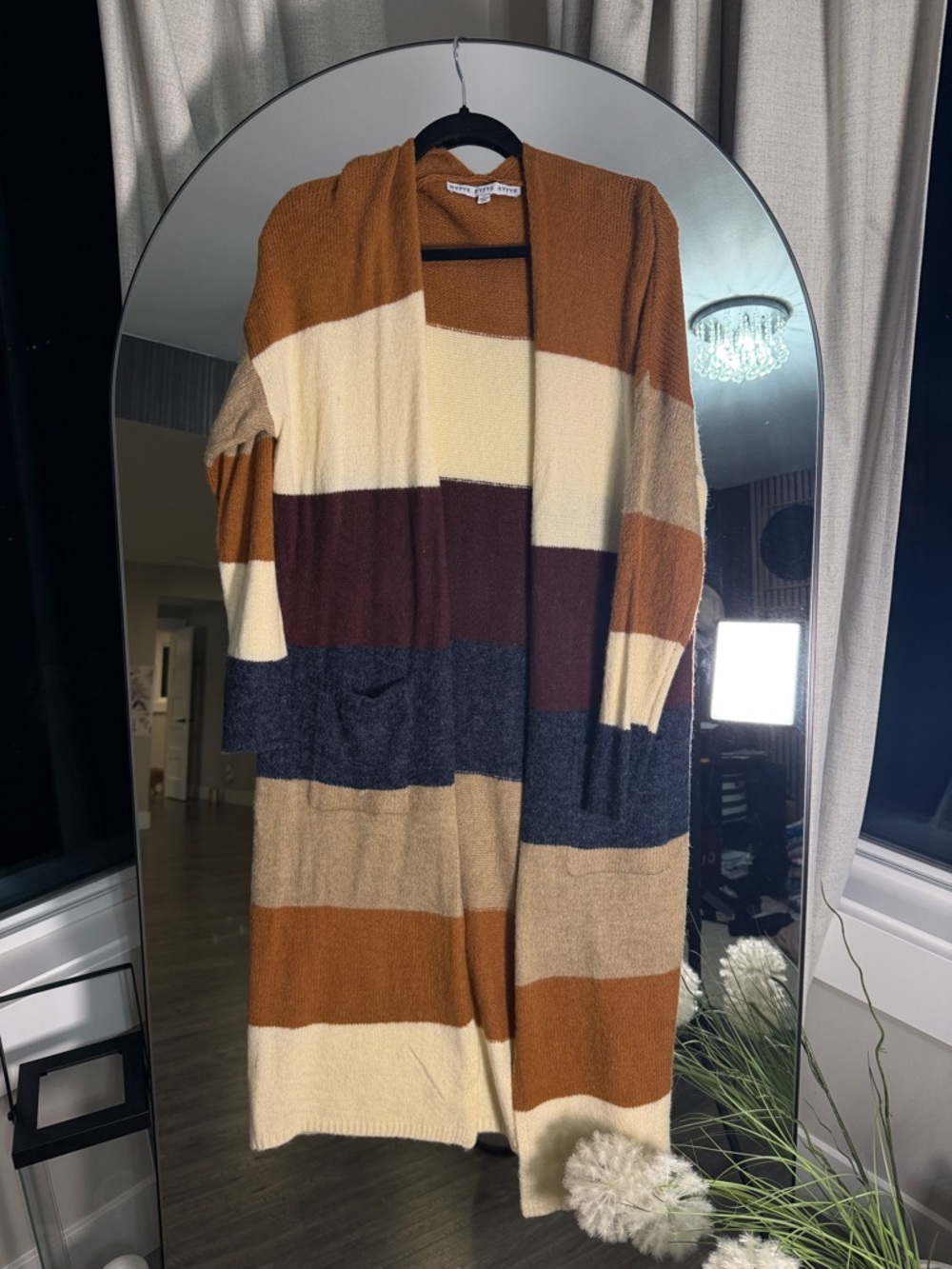 HYFVE Long Open-Front Striped Cardigan - Tan, Cream, Navy, Brown, Burgundy